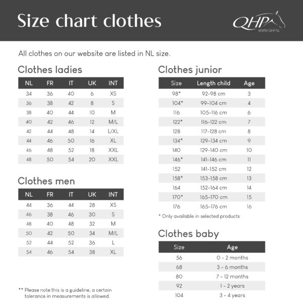 qhp clothing size chart